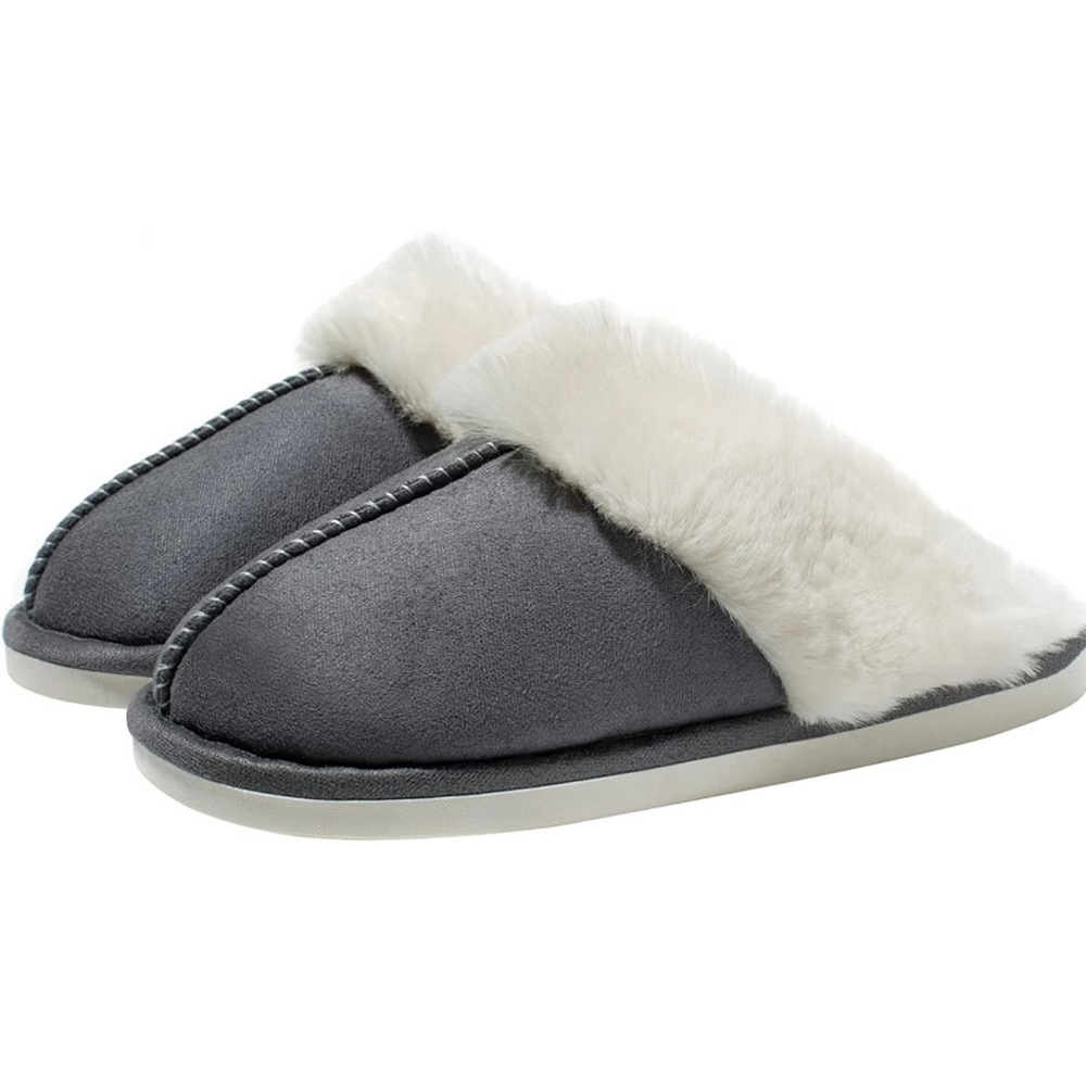 Gray and White Fuzzy Slippers